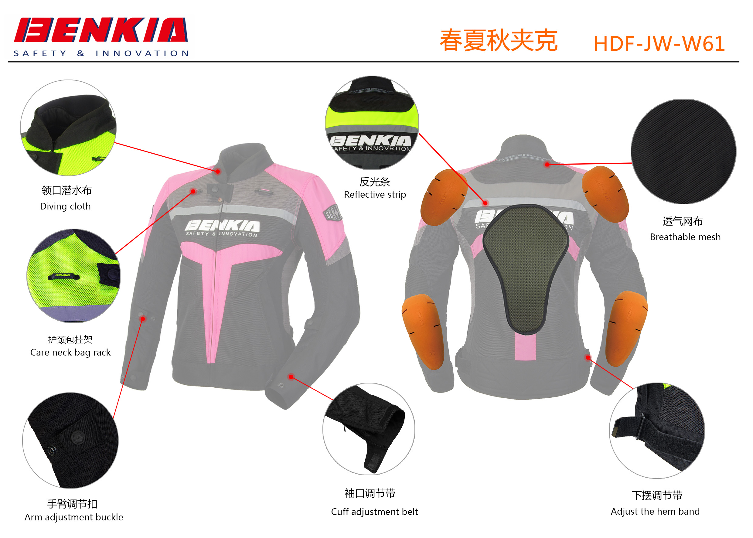 【BENKIA】HDF-JW-W61 女款三季節防摔衣 (黑/螢光綠)| Webike摩托百貨