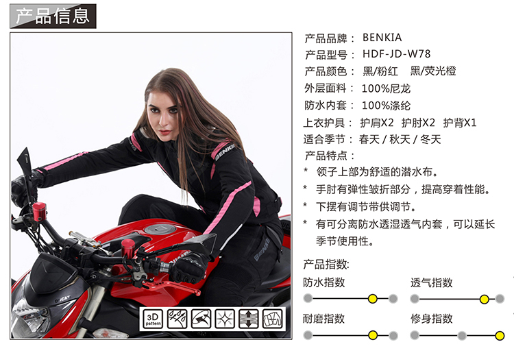 【BENKIA】HDF-JD-W78 女款冬季防摔衣 (黑/粉)| Webike摩托百貨